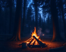 Atmospheric Campfire In The Forest Late In The Evening