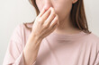 Bad smelling, deodorant asian young woman hand squeeze, covering nose smell stink, breathing smelly disgust strong, expression face dislike odor, smelly armpit underarm. Medical health, skin body care