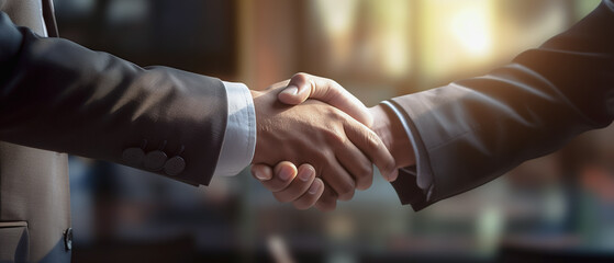 Close up two businessman in formal suit shaking hands with shallow depth of field colorful outdoor blur background. Business merger and acquisition or successful deal agreement.Made with generative AI