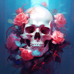 Wall Mural - Skull and roses. Digital art. Generative AI.