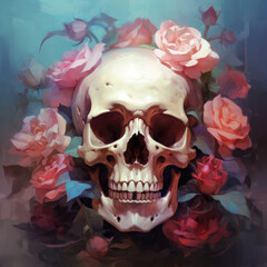 Wall Mural - Skull and roses. Digital art. Generative AI.