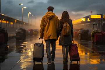 Wall Mural - A man and a woman walking down the street with luggage. Generative AI. Digital nomands, relocating people.