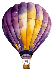 watercolor illustration of a yellow and purple hot air balloon. ai illustration. transparent backgro