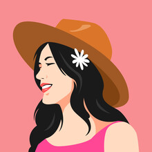 Portrait Of Smiling Woman Wearing Fedora Hat And Flower Accessories In Hair. Summer Concept, Beach. Suitable For Avatar, Social Media Profile, Print, Etc. Vector Flat Graphic.
