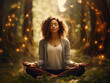 A woman in lotus pose in the forest, practicing yoga meditation and mindfulness exercises until wellness and awareness. Relaxation time - Generative AI