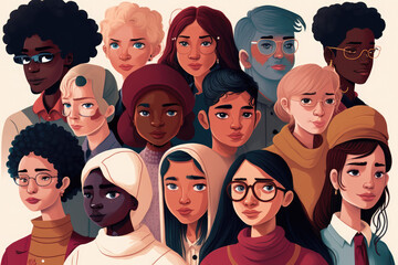 Wall Mural - Illustration of diverse individuals representing Generation Z. The multiculturalism, inclusivity, and unique perspectives characteristic of this youngest generation of global citizens, generative AI