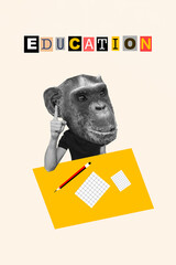 Sticker - Cartoon comics sketch collage picture of smart clever monkey head student starting education isolated white color background