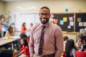 Black teacher teaching a lesson in a classroom full of students. Back to school and learning concept