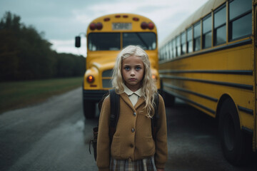 Wall Mural - Girl being dropped off a yellow school bus after school. Back to school and learning concept