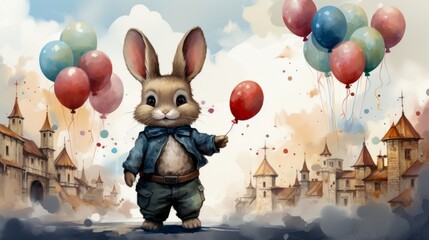 Poster - A rabbit with balloons in a watercolor style. The enchanting work of art is a perfect addition to any project that aims to evoke a sense of wonder and happiness. Generative AI.