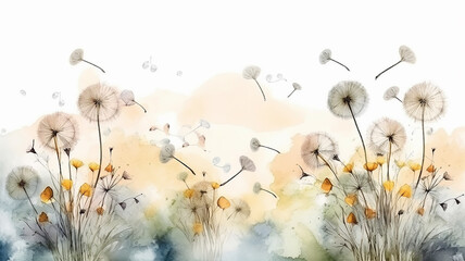 watercolor dandelions art light tones background wallpaper freedom of flight. Generative AI