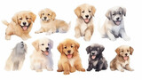 Fototapeta Dziecięca - a group of cute watercolor puppies on a white background. generative Ai