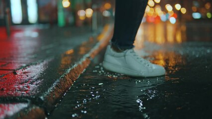 Wall Mural - feet walk through puddles on a rainy evening on a city street
