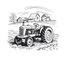 Farm Tractor Retro Sketch. Agricultural Machinery Vector Illustration