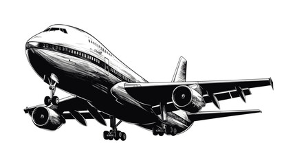  Black and white illustration of big plane. Flight sketch