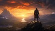 © Pro Hi-Res - Gaming warrior standing on top of a mountain looking at sunset and valley. illustration