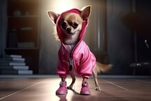 Illustration Of A Chihuahua Dog Wearing A Jacket And Shoes Like A Model Walks Down The Fashion Runway Or Catwalk. The Stage Lights Are Focused On It. Generative Ai.
