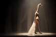 Illustration of  giraffe wearing a dress like a model walks down the fashion runway or catwalk. The stage lights are focused on it. Generative Ai.