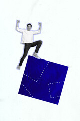 Sticker - Vertical collage of young funny guy winner awesome crazy challenge member puzzle done blue geometric cube isolated on grey background