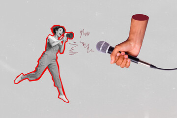 Sticker - Collage metaphor of woman screaming proclaim bullhorn huge microphone speaking information loud voice isolated on grey color background