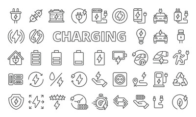 charging icons set in line design. business,teamwork, collaboration, leadership, meeting, communicat