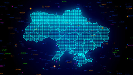 Wall Mural - futuristic blue colorful shiny digital technology hud dots mosaic grid ukraine map separate regions 