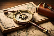 Antique Brass Telescope And Compass Old Times World Map With Generative AI