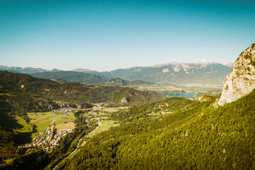 Wall Mural - Aerial panoramic view scenic greenery Slovenian mountains views. Road trip way through slovenian countryside to Bled and Bohinj lakes in Slovenia. Famous travel destination concept