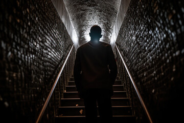 a man walks into the light along a dark corridor to success generative ai
