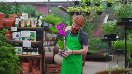 Wall Mural - Smiling Young Man with Flower at Horticulture Shop. Redhead Employee in Green Apron in Local Store