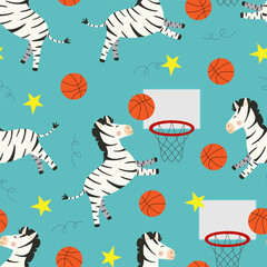 Wall Mural - Vector seamless pattern with zebras playing basketball in cartoon style