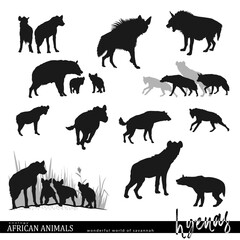 Wall Mural - Hyena silhouettes set with wildlife scenes. African savannah animals. Vector illustration.