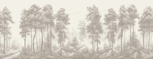 Vintage Drawing Landscape Pattern Of Ancient European Forests Of Trees Wallpaper Black And White 1- AI Generative