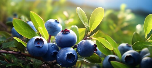 Wall Mural - Summer fruits blueberry background, food photography - Close up of ripe blueberries in forest or plantation (Generative Ai)