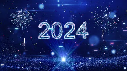 Poster - Happy New Year 2024 festival technology concept celebration. slow motion bokeh particle confetti and fireworks glittering on a dark blue background.