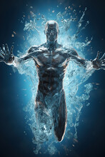 Silhouette Human Body Filled With Blue Water, Healthy Lifestyle Or Wellness Concept, Water Balance, AI Generative.