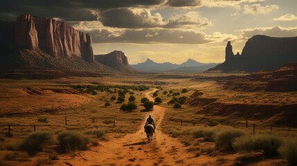 Western landscape with silhouette of a lonely cowboy riding a horse in beautiful midwest scenery