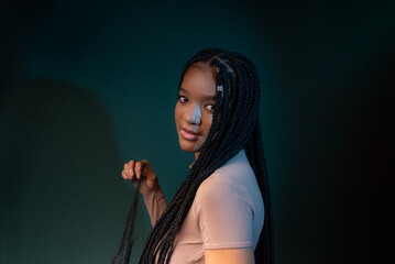 Wall Mural - Profile of a beautiful young woman with braids in her hair, sitting.