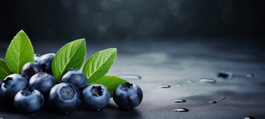 Wall Mural - Food photography - Summer fruits blueberry background - Closeup of ripe blueberries with water drops and leaves on dark table (Generative Ai)