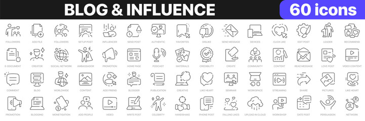 Poster - Blog and influence line icons collection. Social media, followers, publication, post icons. UI icon set. Thin outline icons pack. Vector illustration EPS10