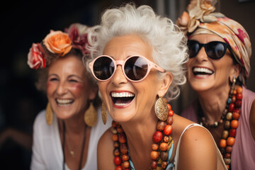 Wall Mural - The Beauty of Aging Together. Senior Women Smiling and Bonding, Creating Cherished Memories. Joyful Moments AI Generative.	
