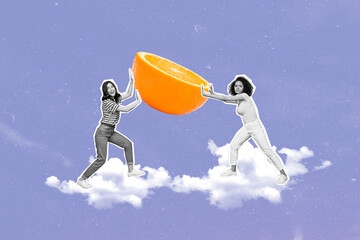 Wall Mural - Creative trend collage of two funny little female holding big half orange clouds healthy nutrition diet fight force eat tangerine organic