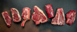 Black angus prime meat set for grilling with fresh herbs, spices. Long banner format. top view