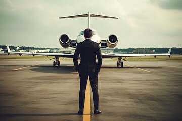 A businessman in black suit standing in front of private jet. Rich man standing in front of private planel. 