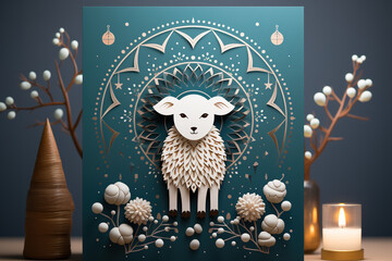 A card with a sheep and a candle on a table. Generative AI. Blessed sheep of lamb, Eid Al Adha.