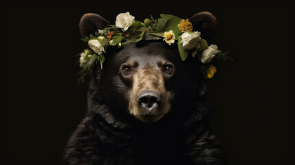 Wall Mural - black bear in the woods,  a black bear wearing flower wreath on his head, generative ai