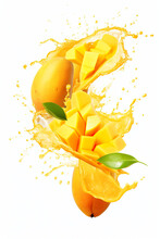 Mango Juice, Pieces Of Mango Fruit And Green Leaves Falling With A Splash On White Background. Generative AI.