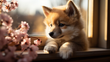 Poster - red fox portrait, cute baby puppy of a shiba inu, generative ai