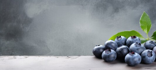 Wall Mural - Food photography - Summer fruits blueberry background - Closeup of ripe blueberries with leaves on dark concrete table (Generative Ai)