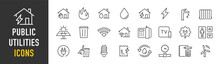 Public Utilities Web Icons In Line Style. Rent Receipt, Electricity, Water, Gas, Garage, Heating, Collection. Vector Illustration.